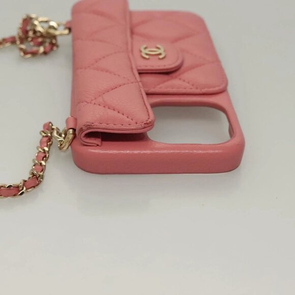 CHANEL Matelasse Chain iPhone Case Lamb Skin Pink CC Auth PP819 - Picture 8 of 15